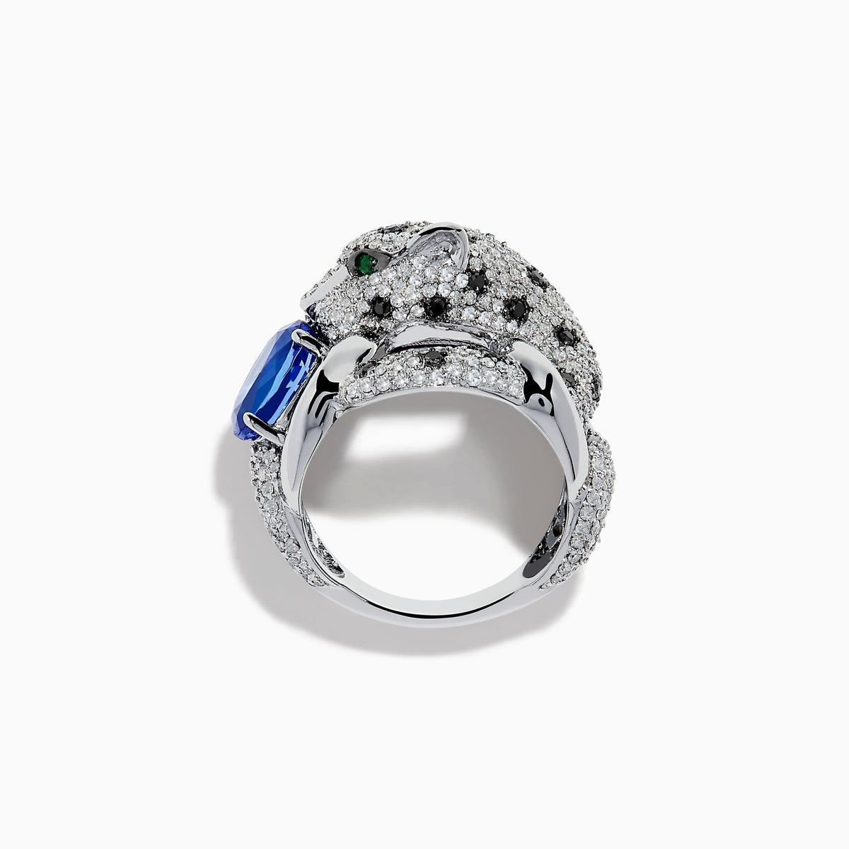 The Signature 14K White Gold Tanzanite and Diamond Panther Ring features diamond accents, green gemstone eyes, and a large oval tanzanite held in the panther's paws and mouth.