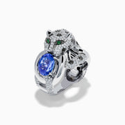 The Signature 14K White Gold Tanzanite and Diamond Panther Ring features diamond accents, green gemstone eyes, and a large oval tanzanite held in the panther's paws and mouth.