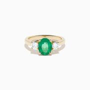 14K Yellow Gold Oval Emerald and Diamond Three-Stone Ring