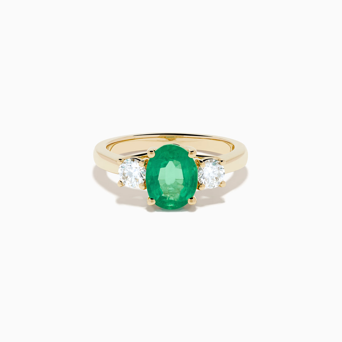 14K Yellow Gold Oval Emerald and Diamond Three-Stone Ring