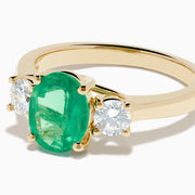 14K Yellow Gold Oval Emerald and Diamond Three-Stone Ring