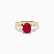 14K Yellow Gold Oval Ruby and Diamond Three-Stone Ring