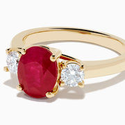 14K Yellow Gold Oval Ruby and Diamond Three-Stone Ring