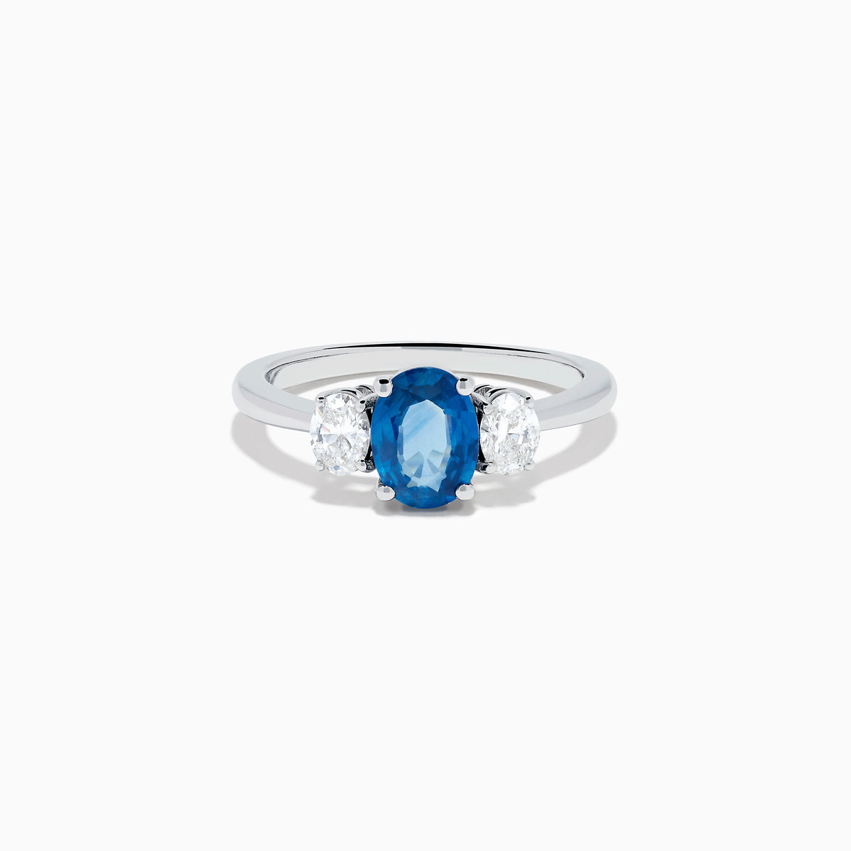 14K Whit Gold Oval Blue Sapphire and Diamond Three-Stone Ring