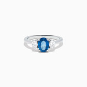 14K Whit Gold Oval Blue Sapphire and Diamond Three-Stone Ring