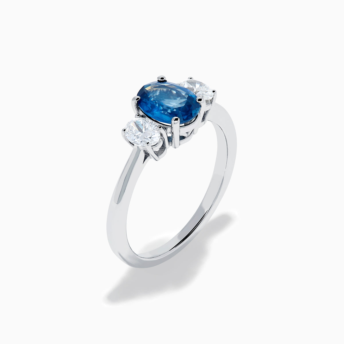 14K Whit Gold Oval Blue Sapphire and Diamond Three-Stone Ring