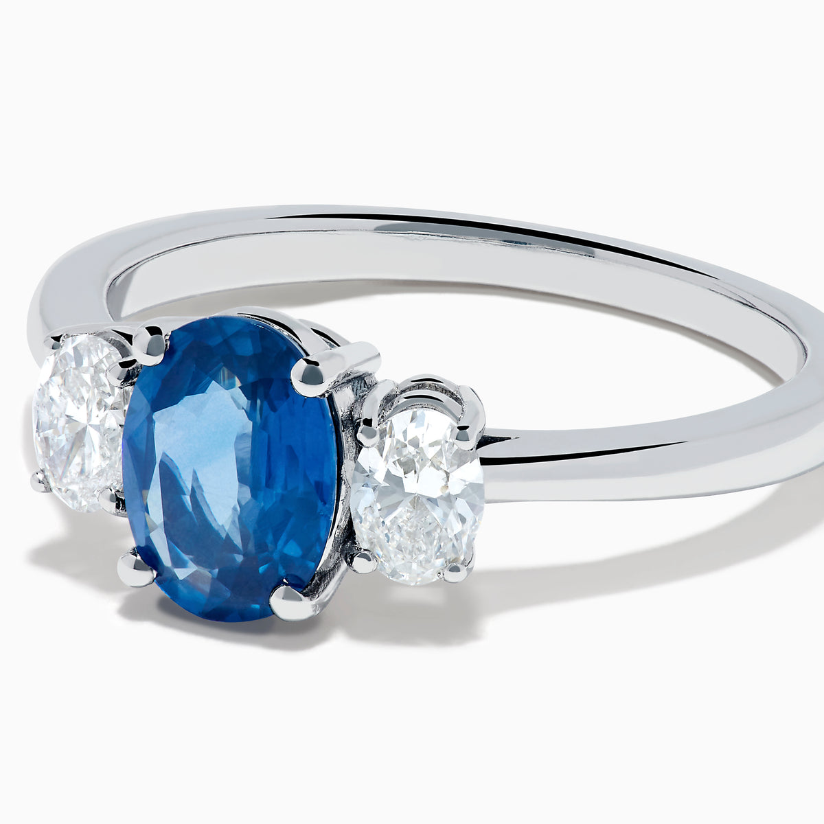 14K Whit Gold Oval Blue Sapphire and Diamond Three-Stone Ring