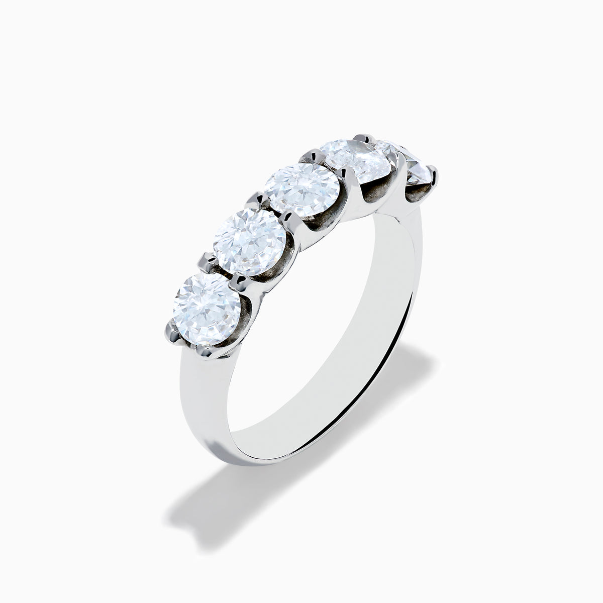 The 14K White Gold 5-Stone U-Prong Diamond Band features five round diamonds totaling 2.00 TCW, set in a sleek row and displayed on a plain white background.
