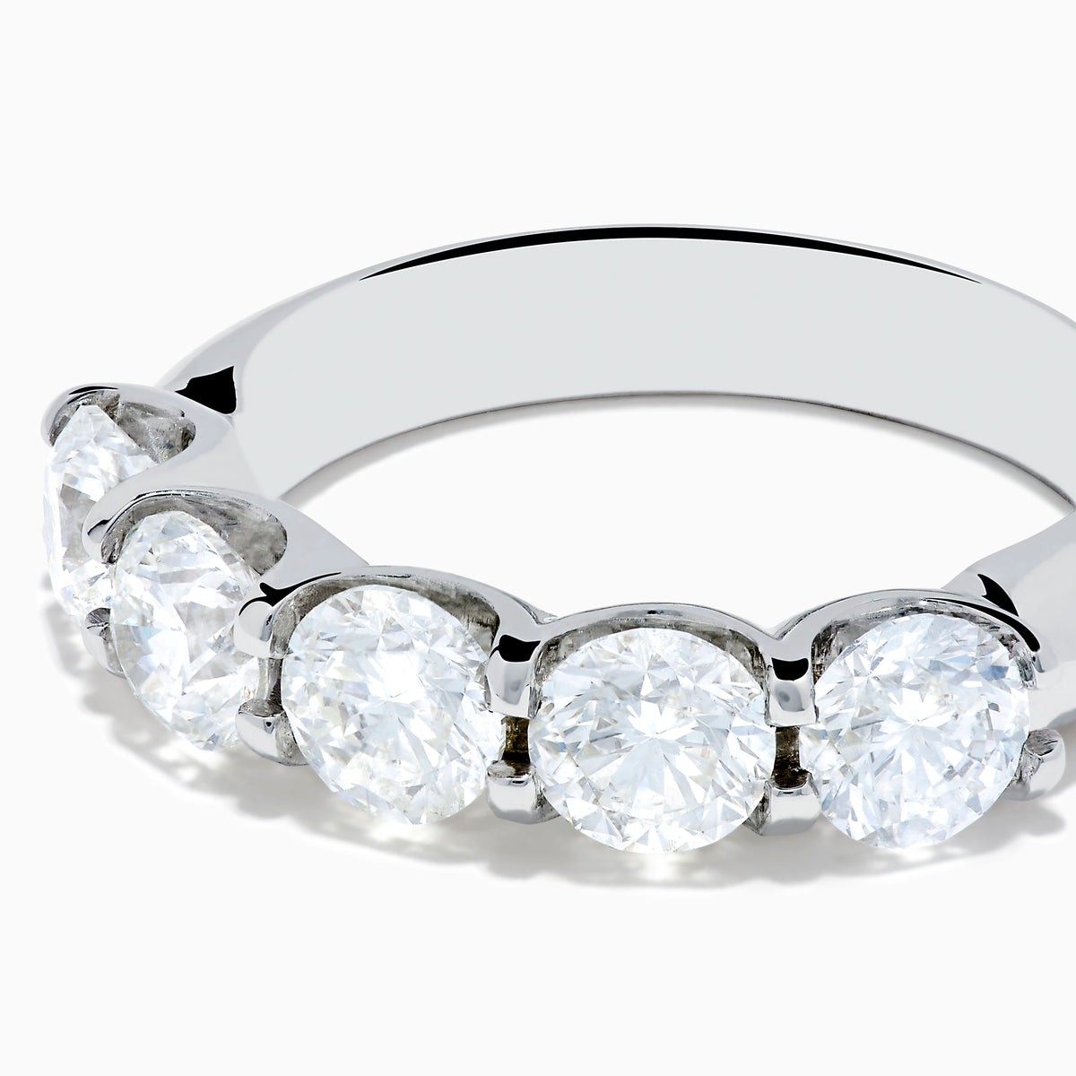The 14K White Gold 5-Stone U-Prong Diamond Band, 2.50 TCW, features five round diamonds set in a row on a sleek white gold band, shown against a plain white background.