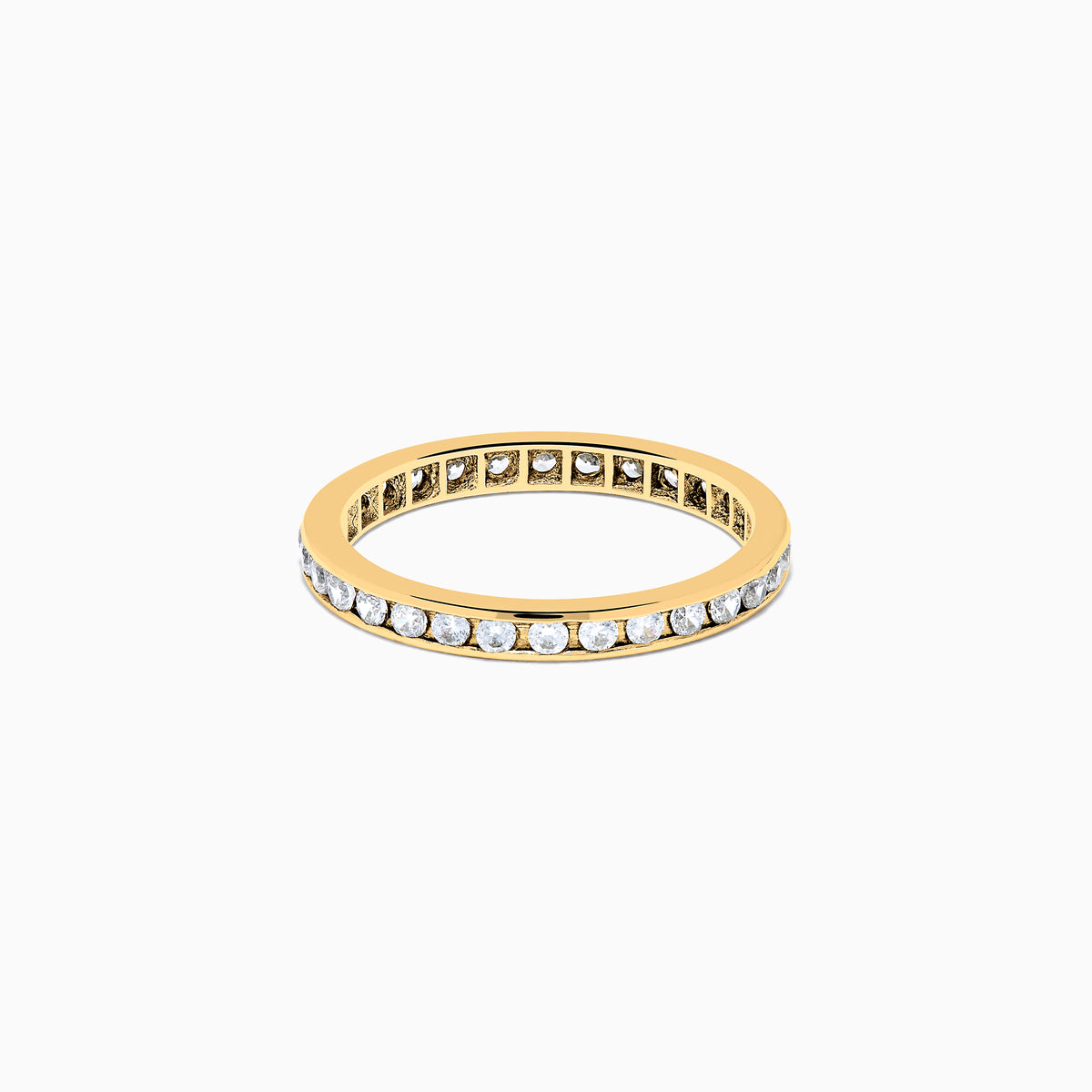 The 14K Yellow Gold Channel Set Diamond Eternity Band, 0.50 TCW, features small round white diamonds encircling the band and is shown on a white background.