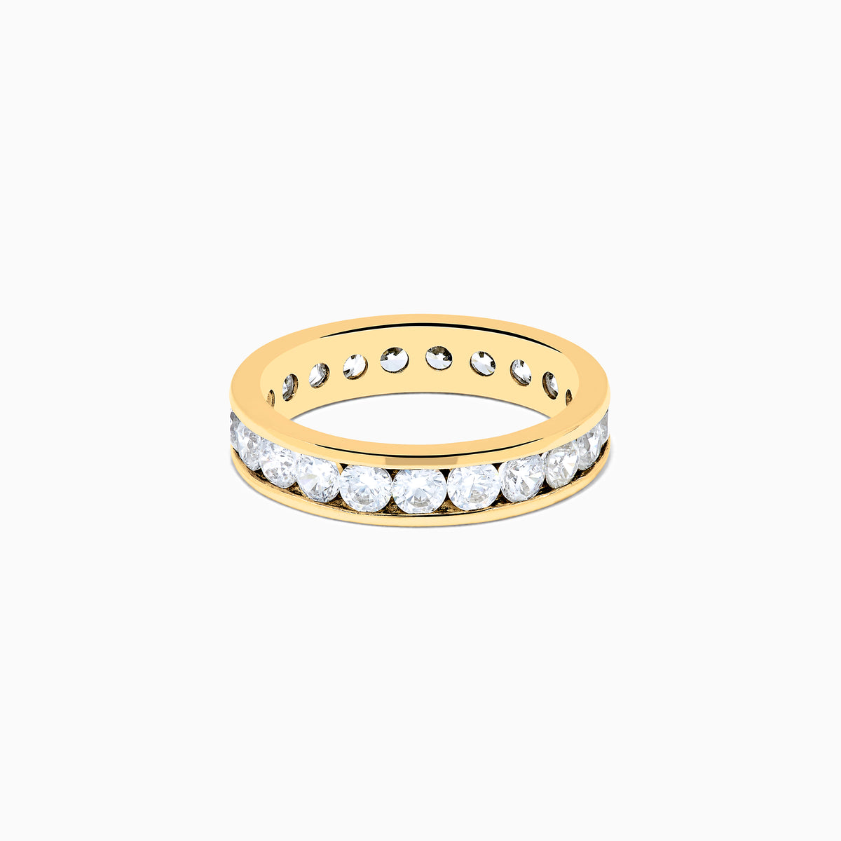 The 14K Yellow Gold Channel Set Diamond Eternity Band, 2.00 TCW, features round white diamonds encircling the band and is beautifully showcased against a plain white background.