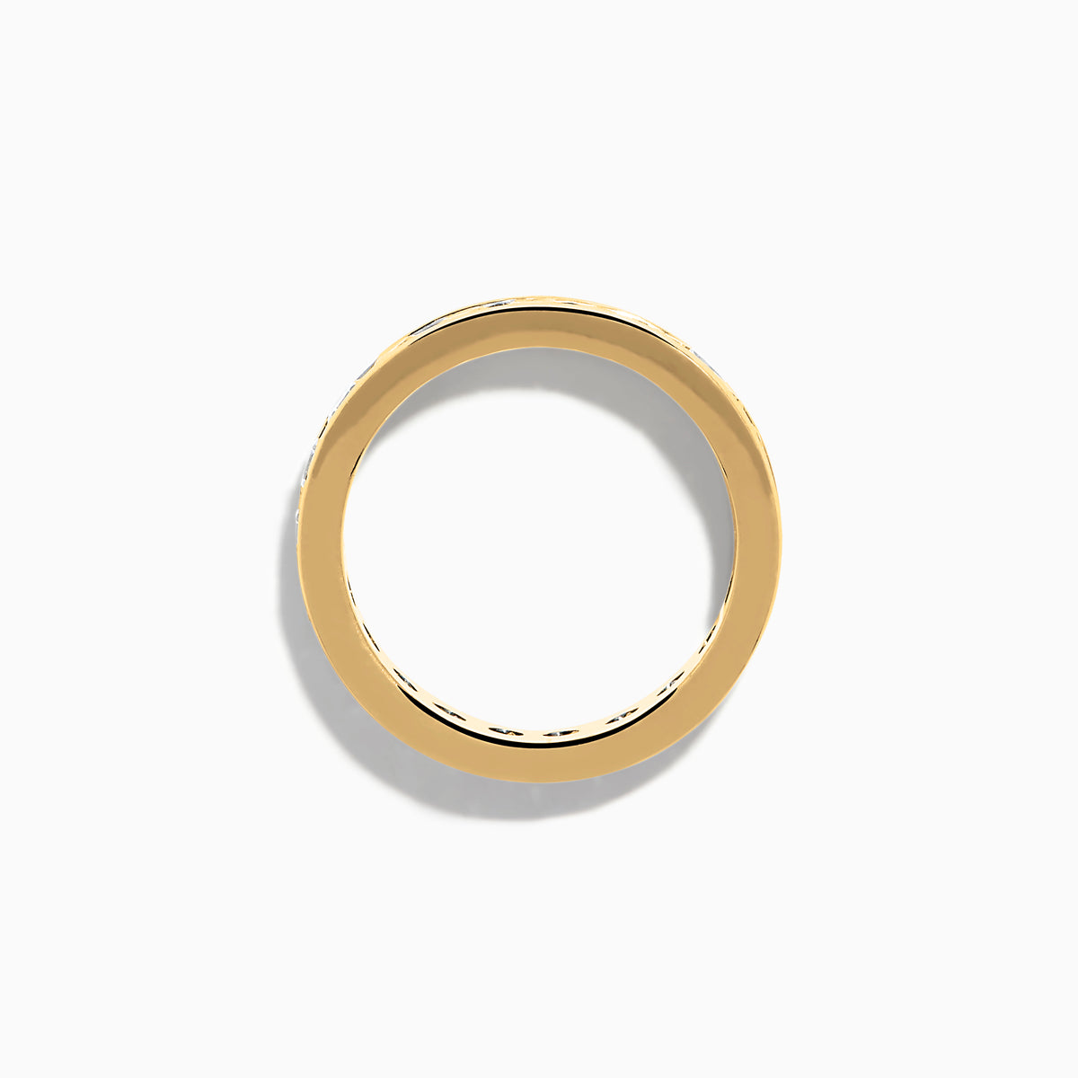 The 14K Yellow Gold Channel Set Diamond Eternity Band, 2.00 TCW, features round white diamonds encircling the band and is beautifully showcased against a plain white background.