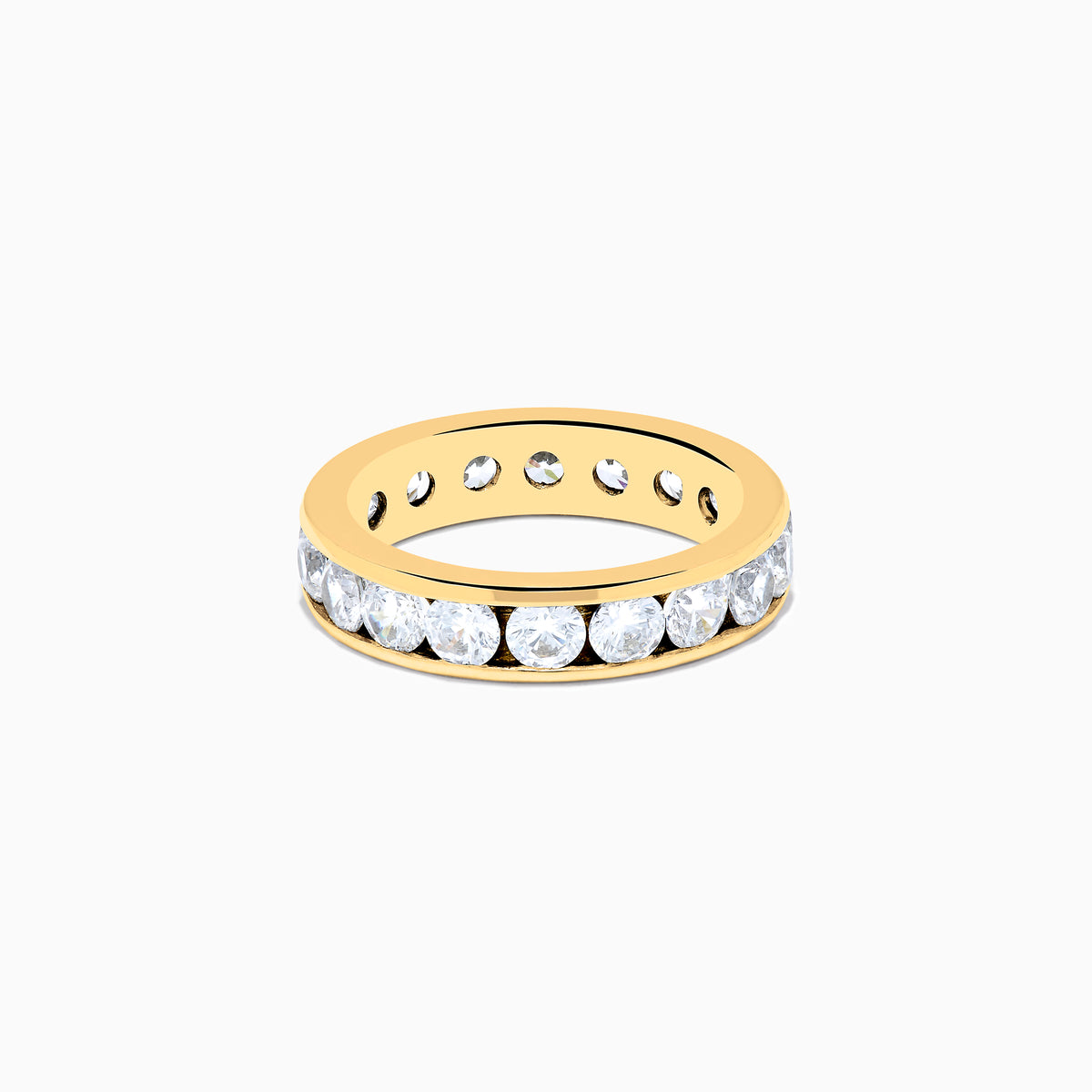 The 14K Yellow Gold Channel Set Diamond Eternity Band, 3.00 TCW, features round diamonds encircling the band and is displayed on a white background.