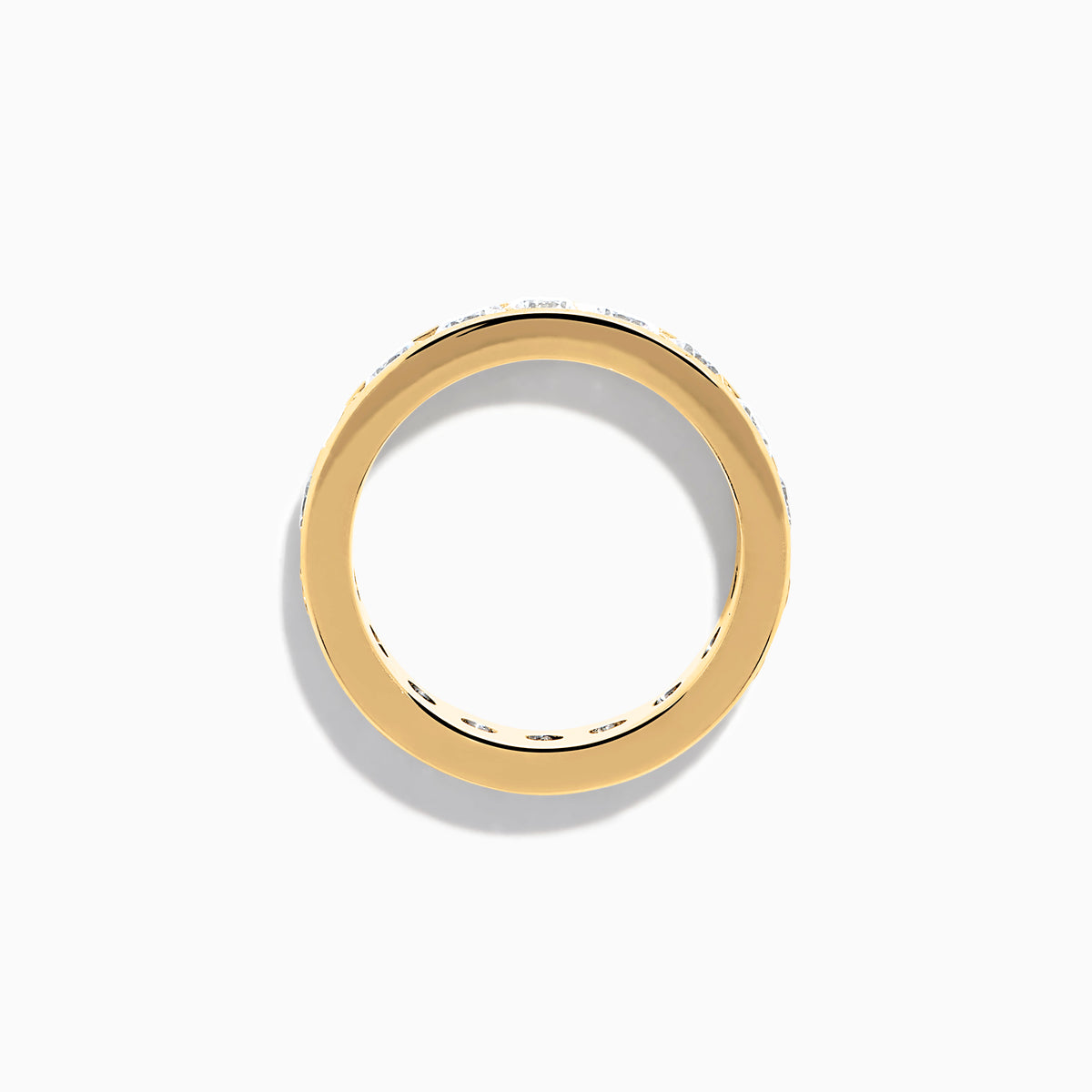 The 14K Yellow Gold Channel Set Diamond Eternity Band, 3.00 TCW, features round diamonds encircling the band and is displayed on a white background.