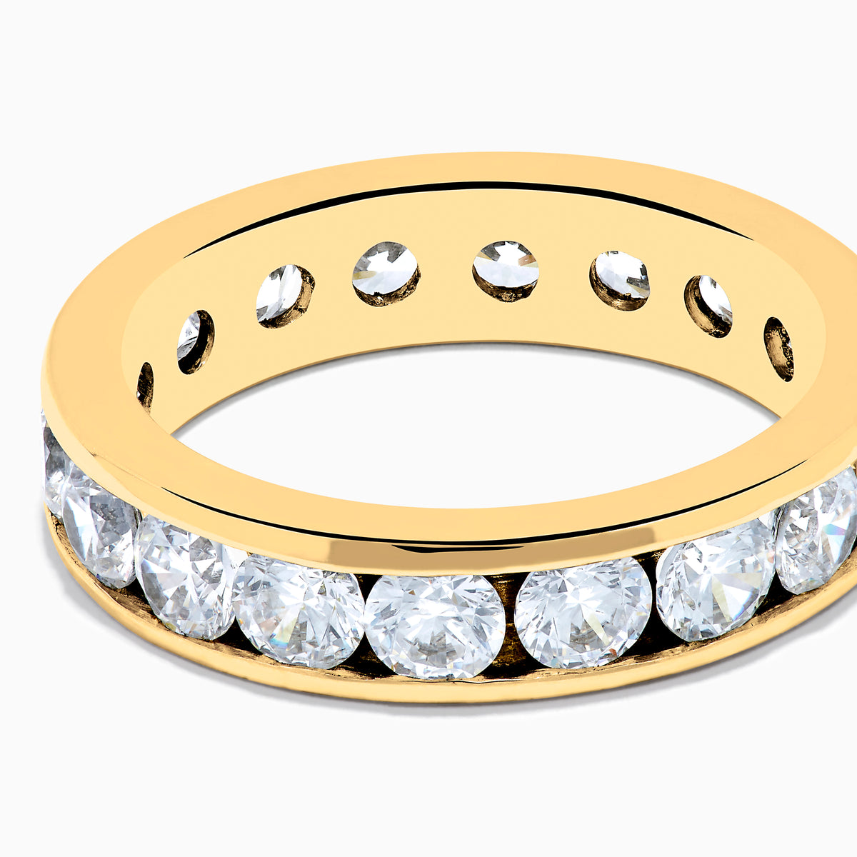 The 14K Yellow Gold Channel Set Diamond Eternity Band, 3.00 TCW, features round diamonds encircling the band and is displayed on a white background.