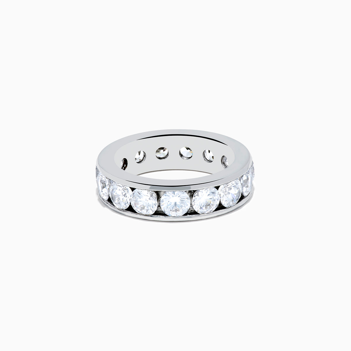 The 14K White Gold Channel Set Diamond Eternity Band features a continuous row of sparkling diamonds, 5.00 TCW, set in a sleek and polished band for a luxurious and elegant look.