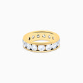 A 14K Yellow Gold Channel Set Diamond Eternity Band, 5.00 TCW, featuring round diamonds all around, displayed on a plain white background.