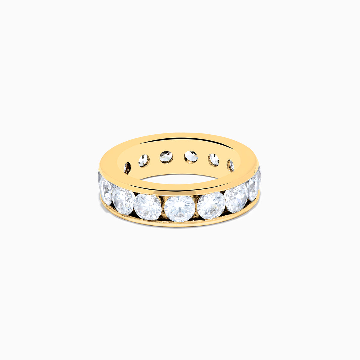 A 14K Yellow Gold Channel Set Diamond Eternity Band, 5.00 TCW, featuring round diamonds all around, displayed on a plain white background.