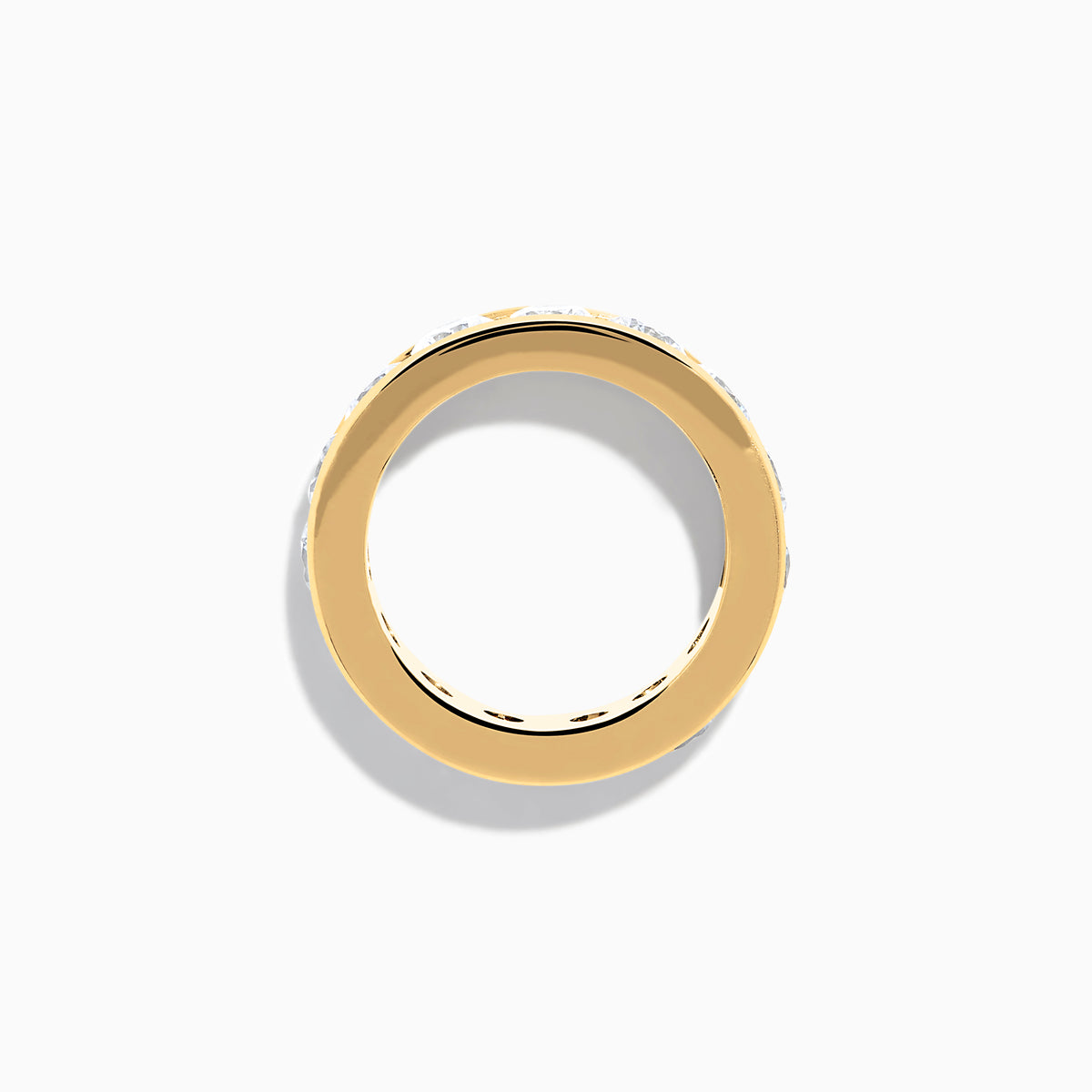 A 14K Yellow Gold Channel Set Diamond Eternity Band, 5.00 TCW, featuring round diamonds all around, displayed on a plain white background.