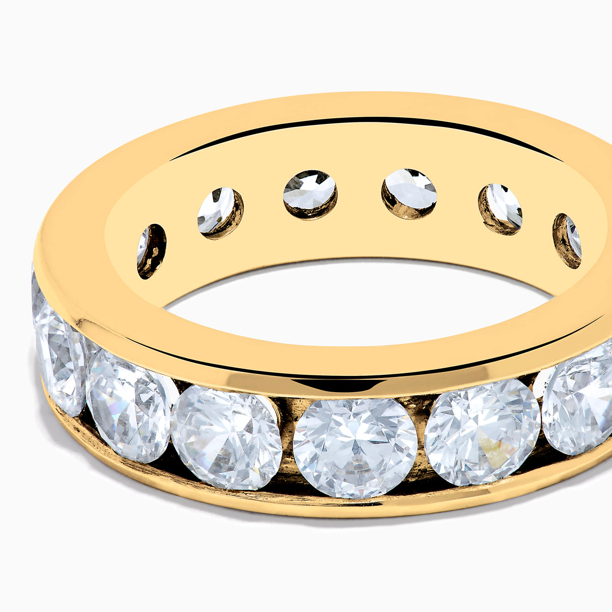 A 14K Yellow Gold Channel Set Diamond Eternity Band, 5.00 TCW, featuring round diamonds all around, displayed on a plain white background.