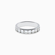 The 14K White Gold 10-Stone Channel Set Diamond Band, 1.00 TCW, features a row of sparkling round diamonds set along the top half and is displayed on a plain white background.