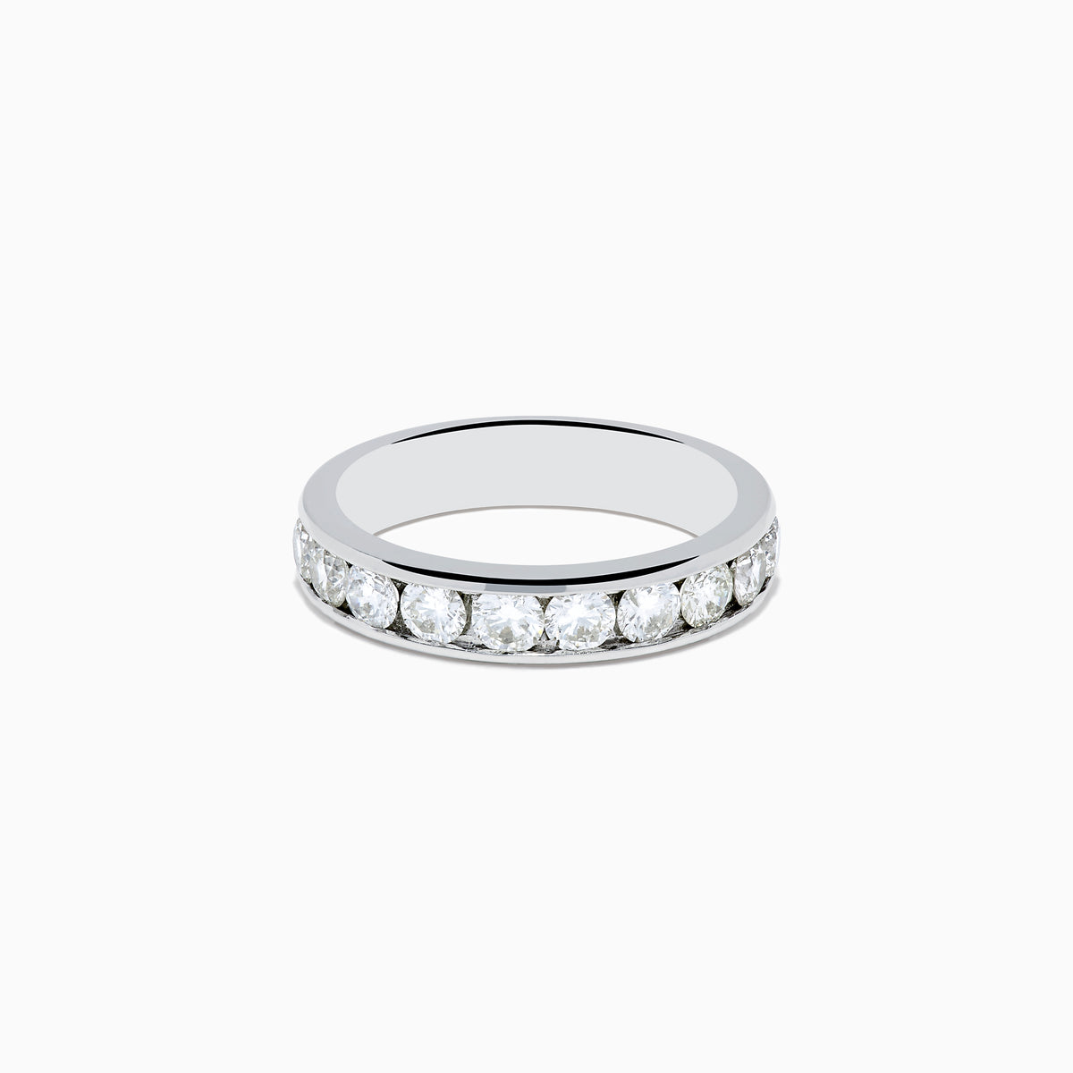 The 14K White Gold 10-Stone Channel Set Diamond Band, 1.00 TCW, features a row of sparkling round diamonds set along the top half and is displayed on a plain white background.
