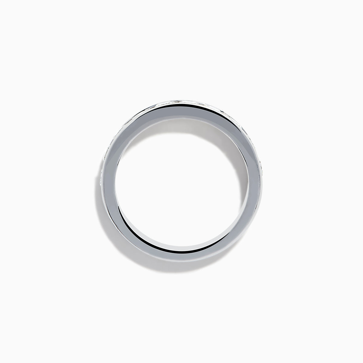 The 14K White Gold 10-Stone Channel Set Diamond Band, 1.00 TCW, features a row of sparkling round diamonds set along the top half and is displayed on a plain white background.