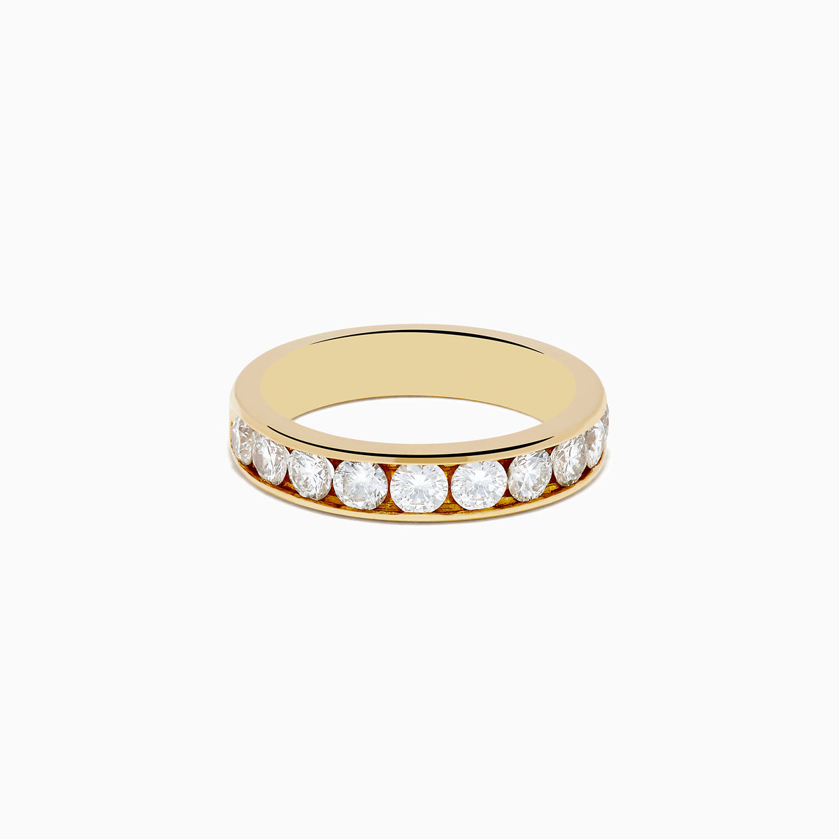 The 14K Yellow Gold 10-Stone Channel Set Diamond Band, 1.00 TCW, features a row of round diamonds channel set around the band and is displayed on a plain white background.