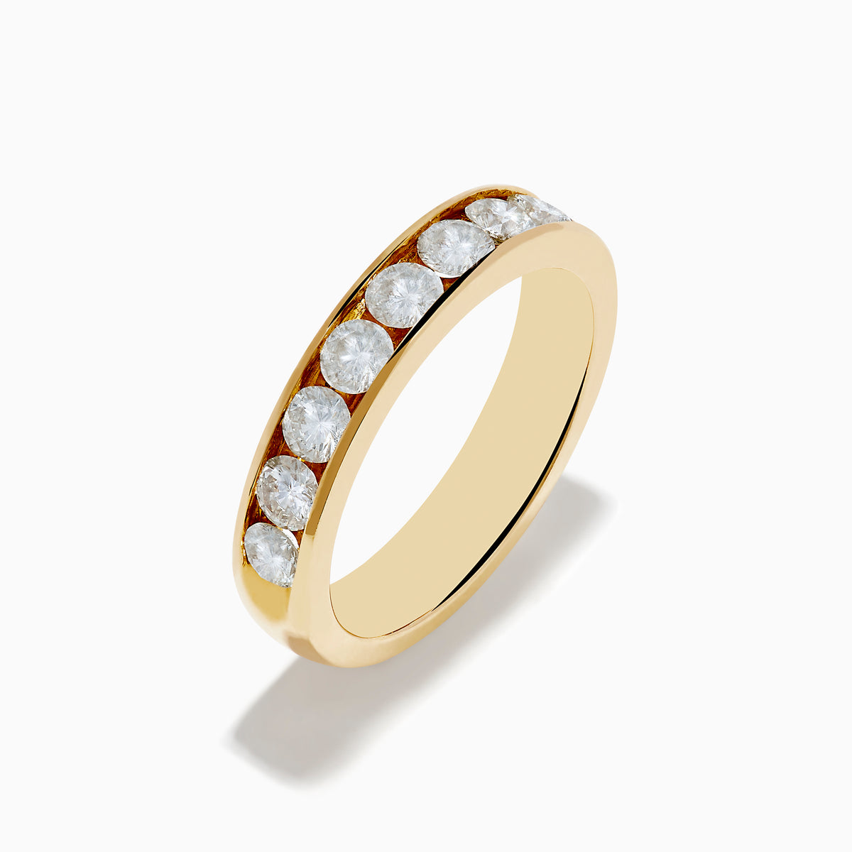The 14K Yellow Gold 10-Stone Channel Set Diamond Band, 1.00 TCW, features a row of round diamonds channel set around the band and is displayed on a plain white background.