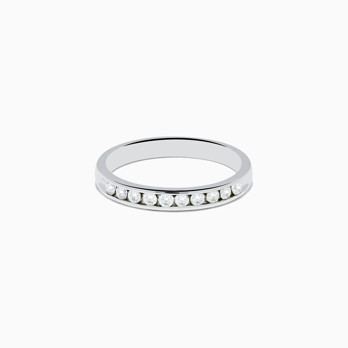 A 14K White Gold 10-Stone Channel Set Diamond Band, 0.25 TCW, featuring a row of sparkling round diamonds set along the band, shown on a plain white background.