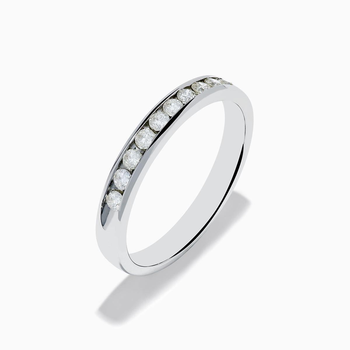 A 14K White Gold 10-Stone Channel Set Diamond Band, 0.25 TCW, featuring a row of sparkling round diamonds set along the band, shown on a plain white background.
