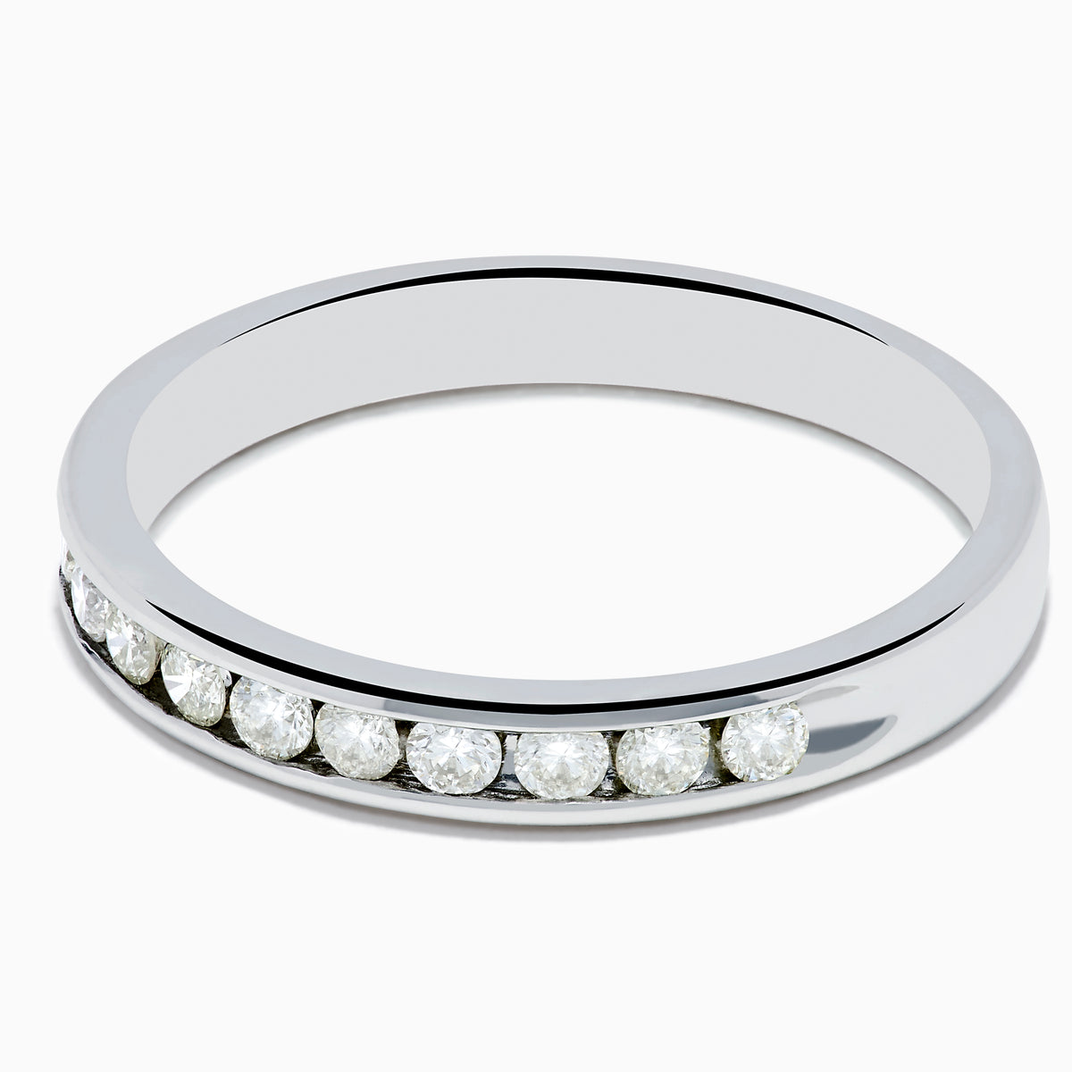 A 14K White Gold 10-Stone Channel Set Diamond Band, 0.25 TCW, featuring a row of sparkling round diamonds set along the band, shown on a plain white background.