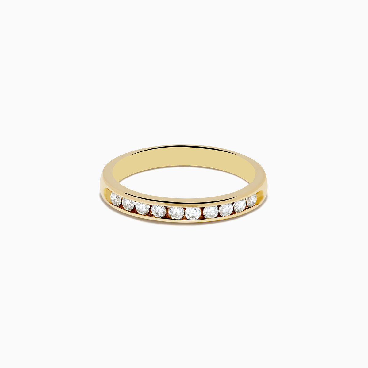 The 14K Yellow Gold 10-Stone Channel Set Diamond Band, 0.25 TCW, features a row of channel-set round diamonds along the band and is displayed on a white background.