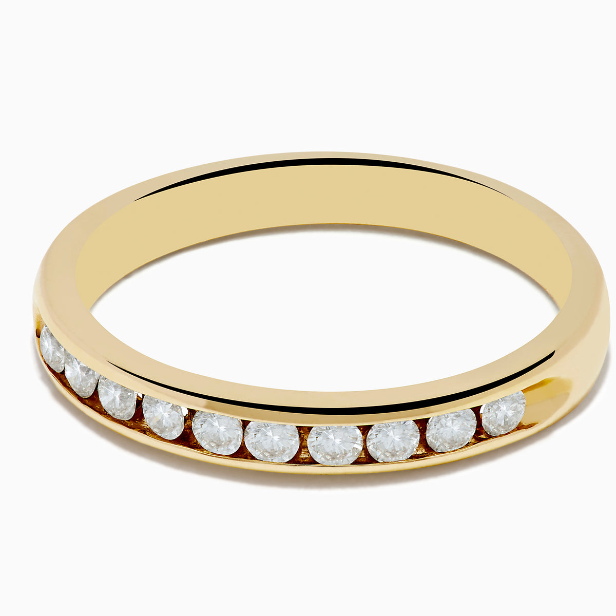 The 14K Yellow Gold 10-Stone Channel Set Diamond Band, 0.25 TCW, features a row of channel-set round diamonds along the band and is displayed on a white background.