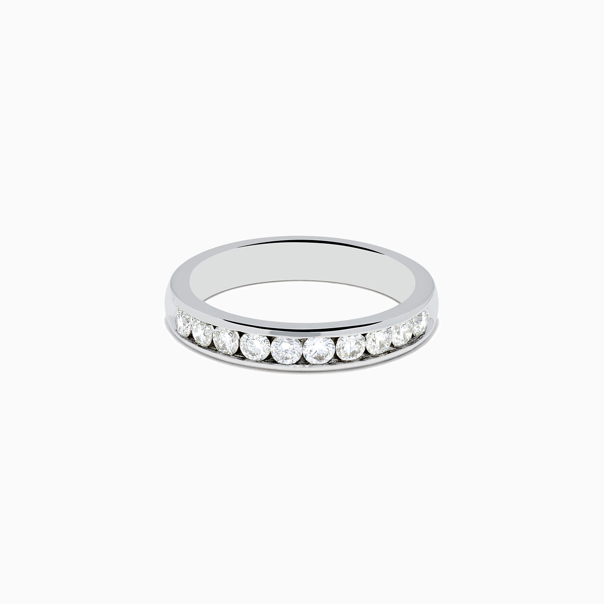 The 14K White Gold 10-Stone Channel Set Diamond Band, 0.50 TCW features a row of sparkling round diamonds set in white gold, shown against a plain white background.