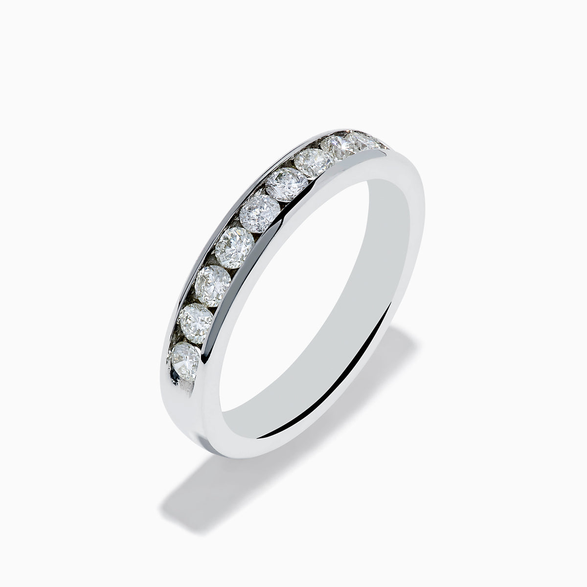 The 14K White Gold 10-Stone Channel Set Diamond Band, 0.50 TCW features a row of sparkling round diamonds set in white gold, shown against a plain white background.