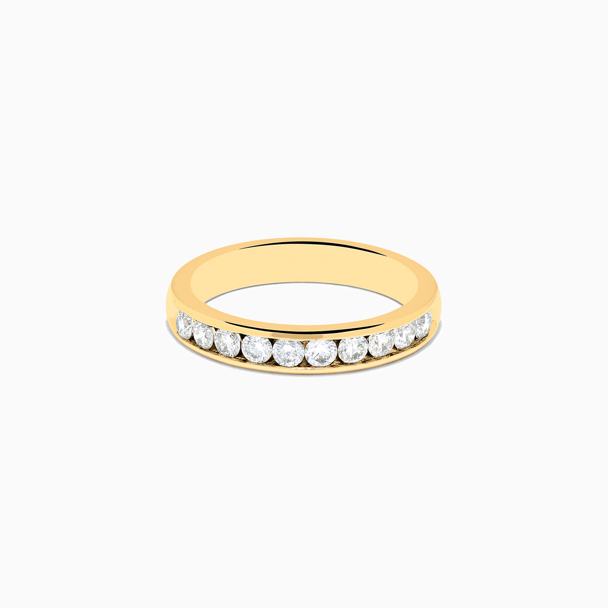 The 14K Yellow Gold 10-Stone Channel Set Diamond Band, 0.50 TCW, features a row of round white diamonds set along the band and is displayed on a plain white background.