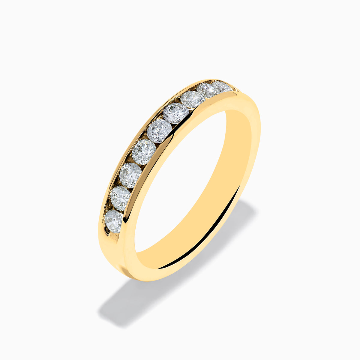 The 14K Yellow Gold 10-Stone Channel Set Diamond Band, 0.50 TCW, features a row of round white diamonds set along the band and is displayed on a plain white background.