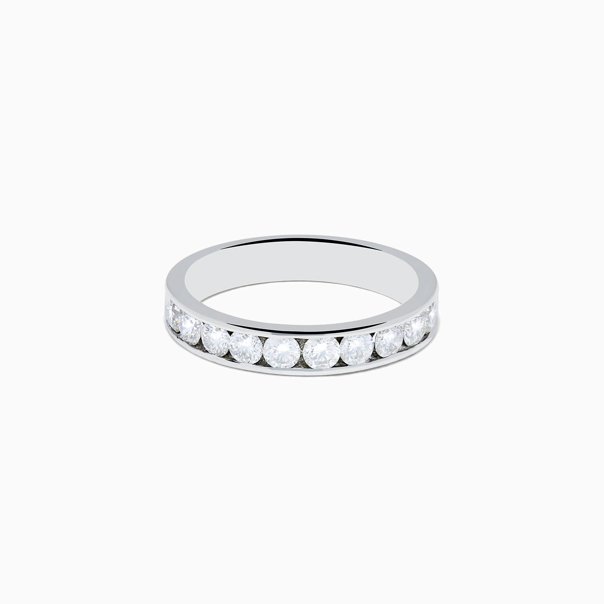The 14K White Gold 10-Stone Channel Set Diamond Band, 0.75 TCW, features a row of round diamonds in a classic channel setting and is displayed on a plain white background.