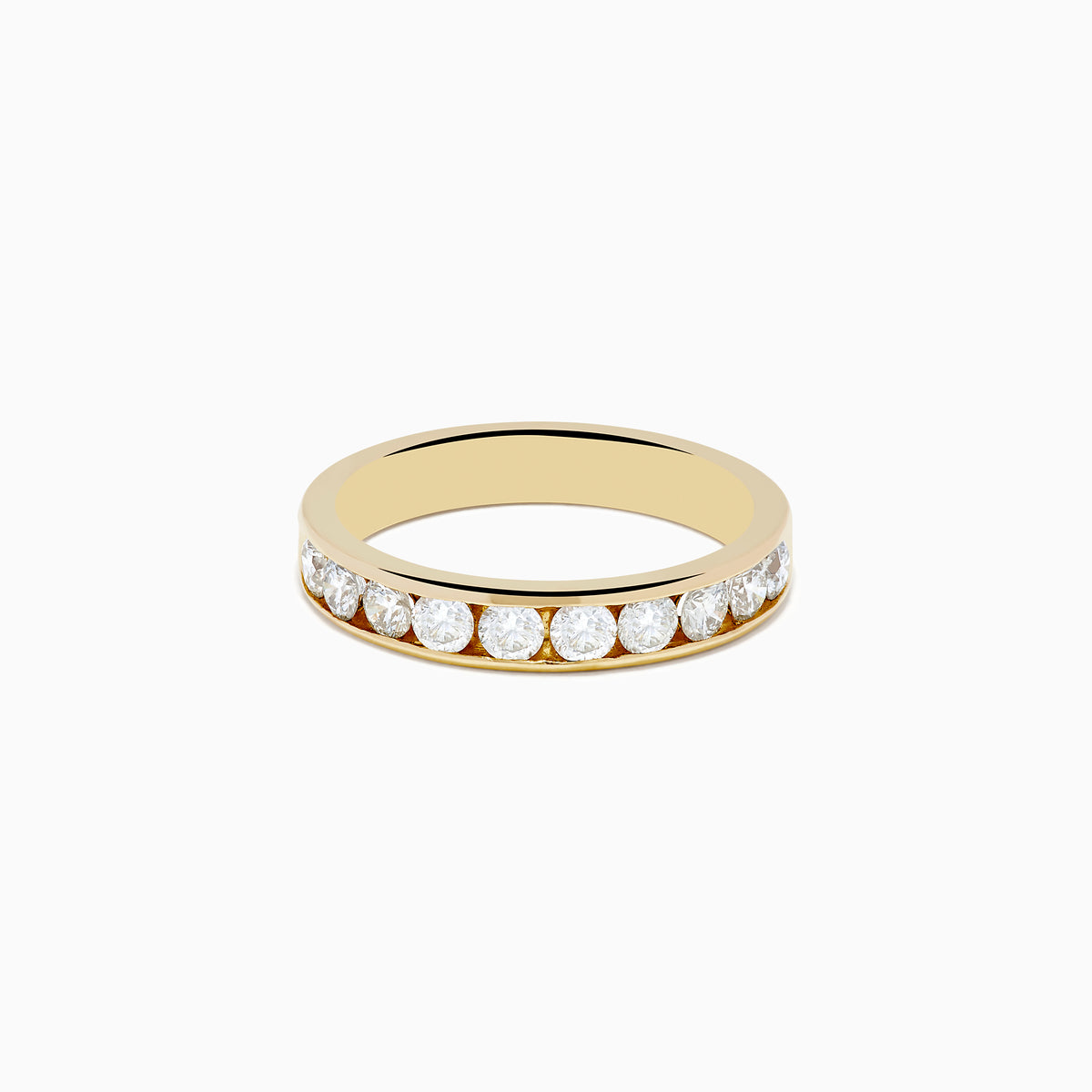The 14K Yellow Gold 10-Stone Channel Set Diamond Band (0.75 TCW) features a row of round white diamonds in a channel setting, showcased against a plain white background.