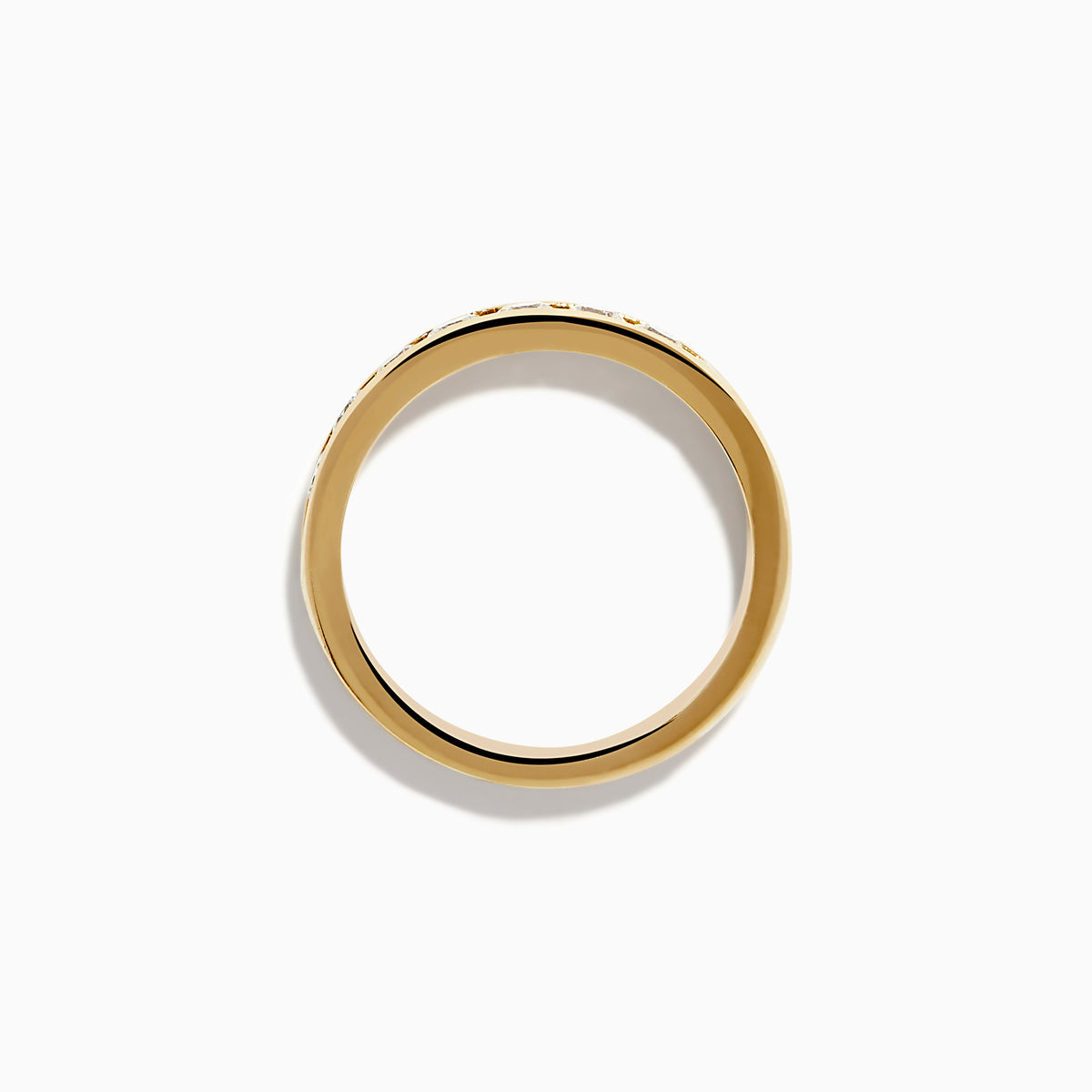 The 14K Yellow Gold 10-Stone Channel Set Diamond Band (0.75 TCW) features a row of round white diamonds in a channel setting, showcased against a plain white background.