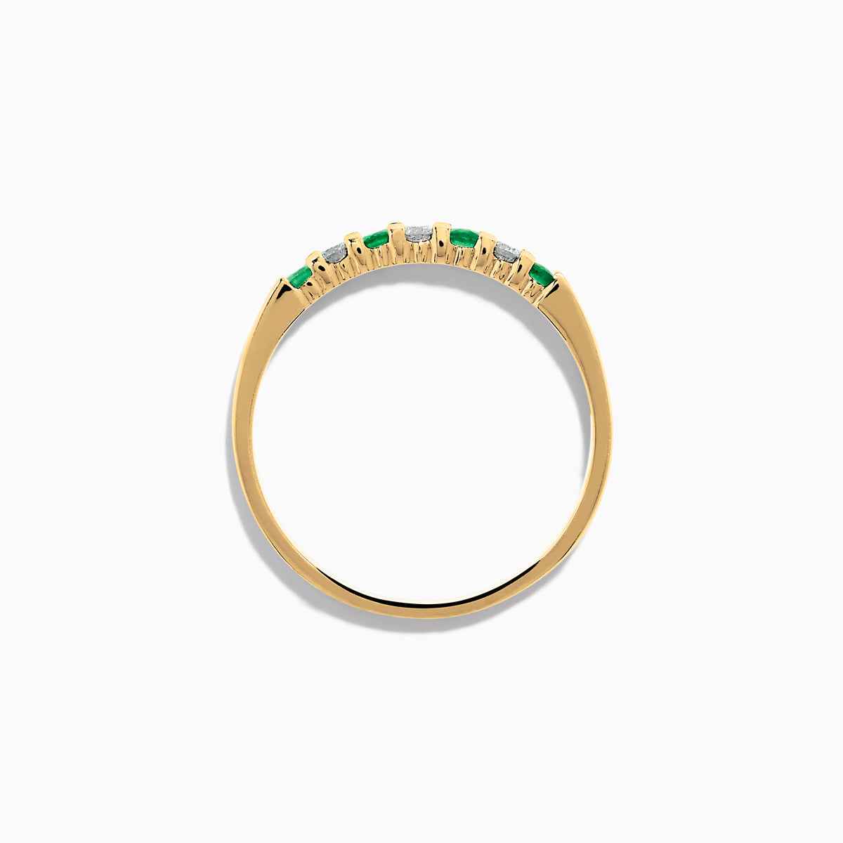 The 14K Yellow Gold 7-Stone Emerald & Diamond Band, 0.25 TCW, features alternating round white diamonds and emeralds set in a row on the band, shown against a white background.