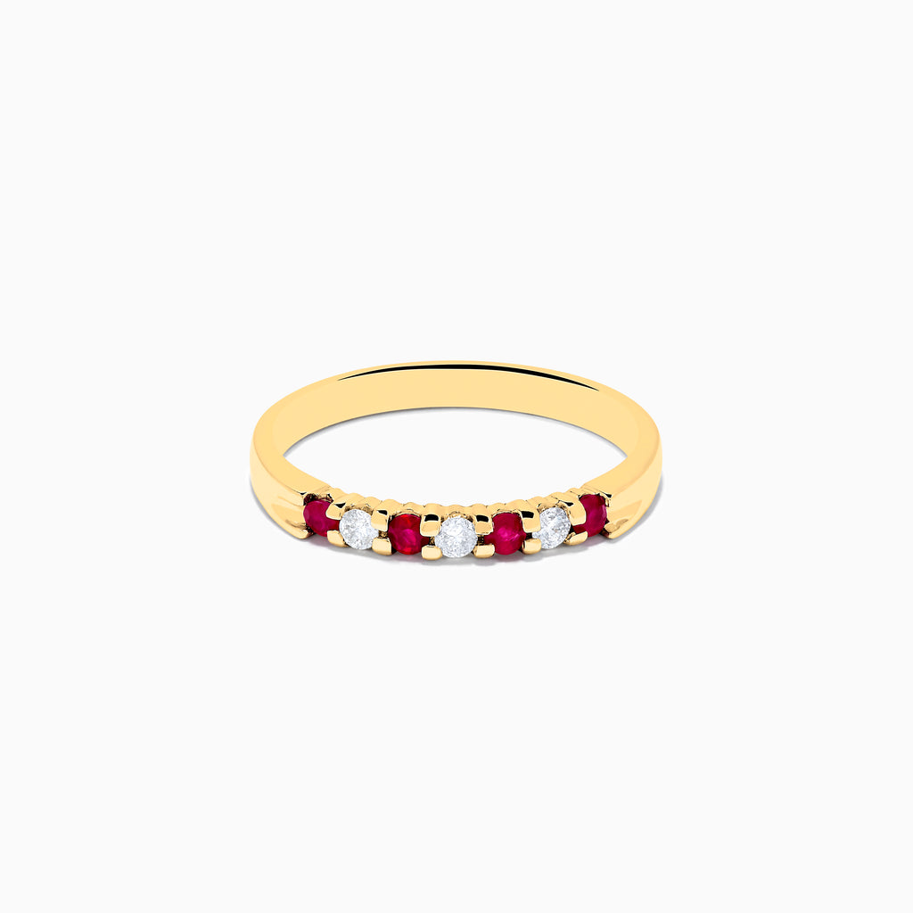 The 14K Yellow Gold 7-Stone Ruby & Diamond Band, 0.25 TCW, features an alternating row of round white diamonds and vibrant rubies set across the band.
