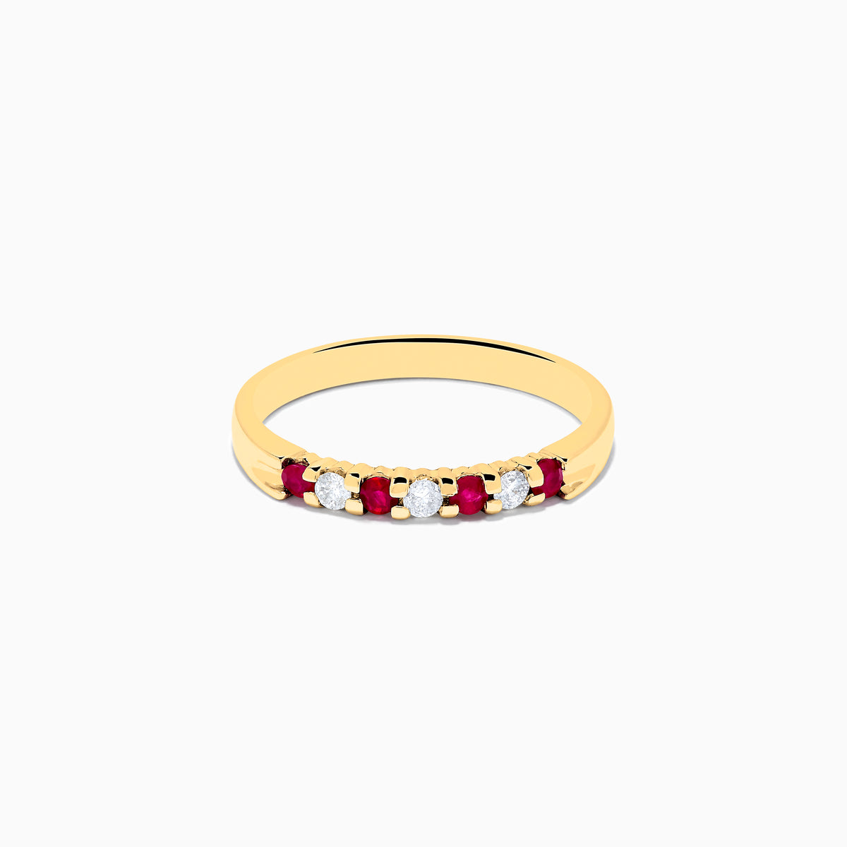 The 14K Yellow Gold 7-Stone Ruby & Diamond Band, 0.25 TCW, features an alternating row of round white diamonds and vibrant rubies set across the band.