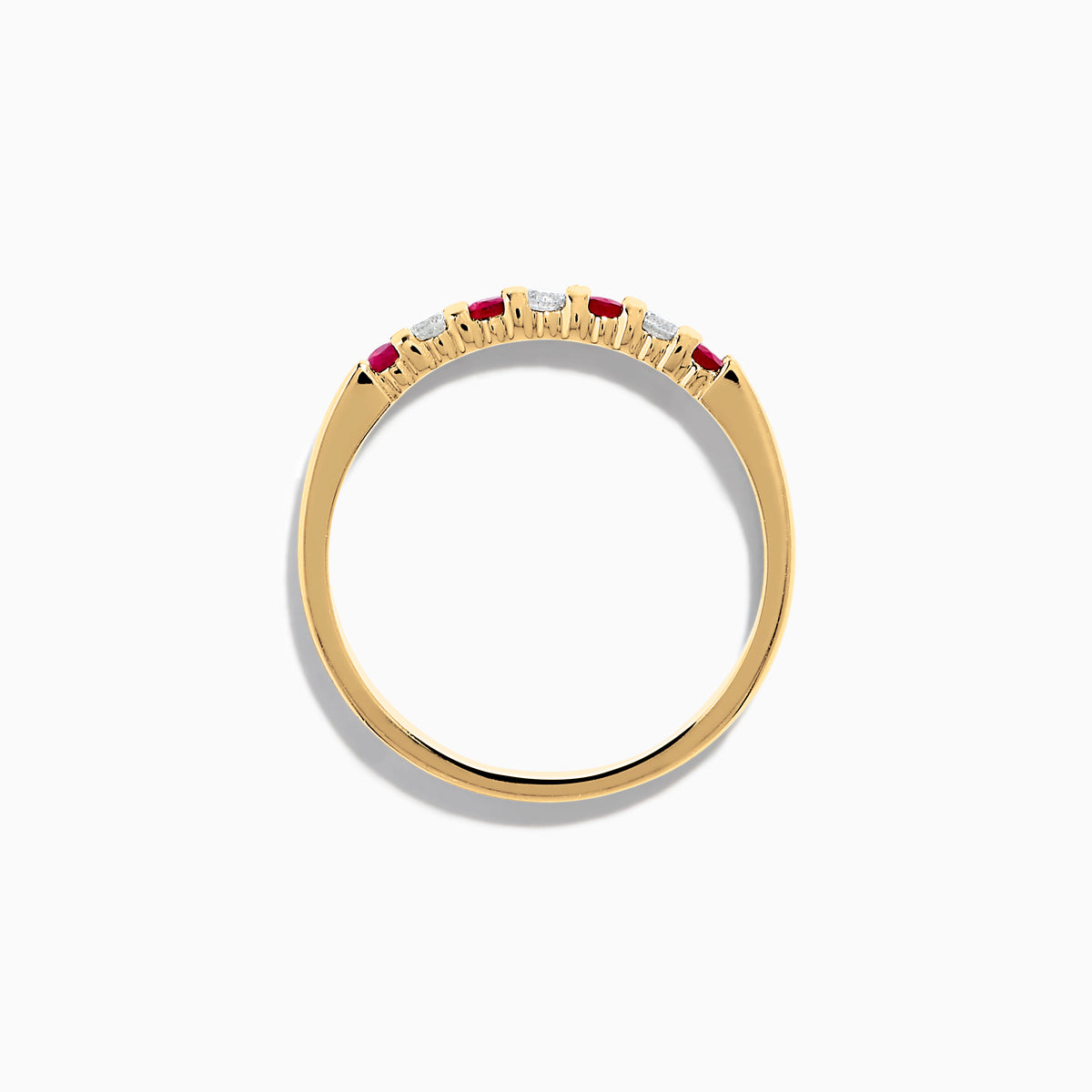 The 14K Yellow Gold 7-Stone Ruby & Diamond Band, 0.25 TCW, features an alternating row of round white diamonds and vibrant rubies set across the band.