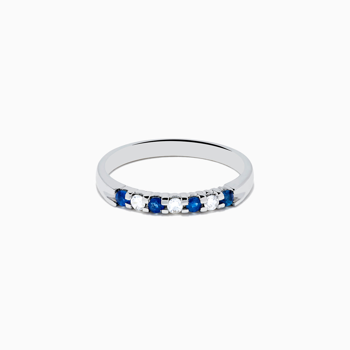 A 14K white gold band featuring alternating blue sapphires and diamonds (0.25 TCW), displayed against a white background.