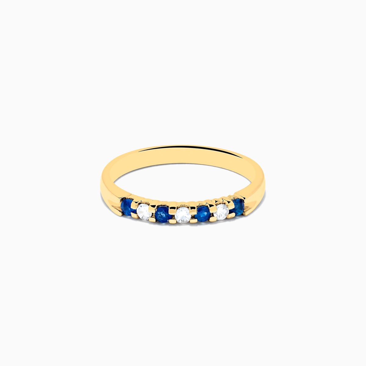 The 14K Yellow Gold 7-Stone Blue Sapphire & Diamond Band (0.25 TCW) features alternating blue sapphires and diamonds set in a row on the band, shown against a plain white background.