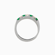 The 14K White Gold 7-Stone Emerald & Diamond Band, 0.50 TCW, showcases alternating round green emeralds and white diamonds on a plain white background.