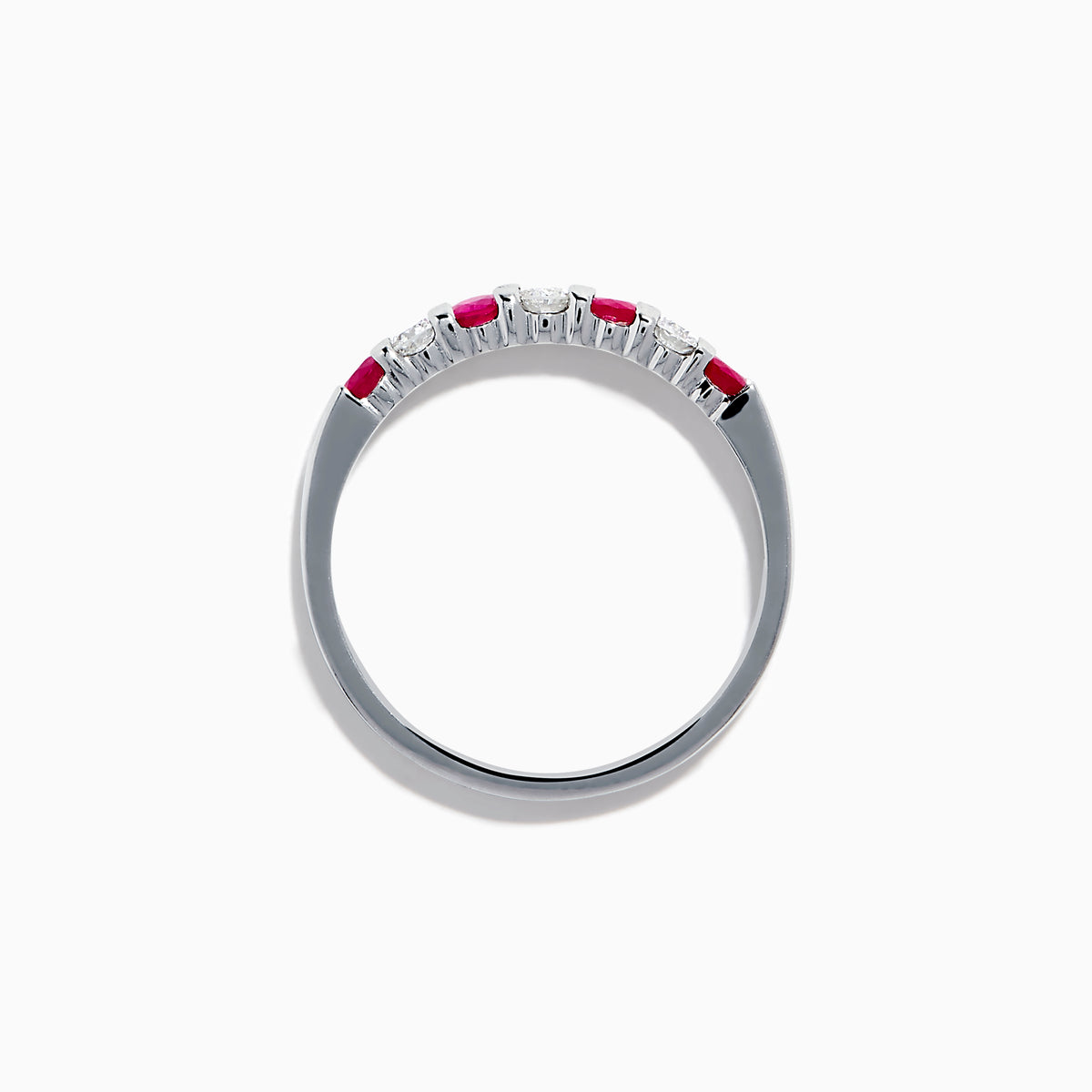 The 14K White Gold 7-Stone Ruby & Diamond Band, 0.50 TCW, showcases alternating round white diamonds and vibrant rubies on the front half of the band, set against a plain white background.