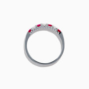 The 14K White Gold 7-Stone Ruby & Diamond Band, 0.50 TCW, showcases alternating round white diamonds and vibrant rubies on the front half of the band, set against a plain white background.